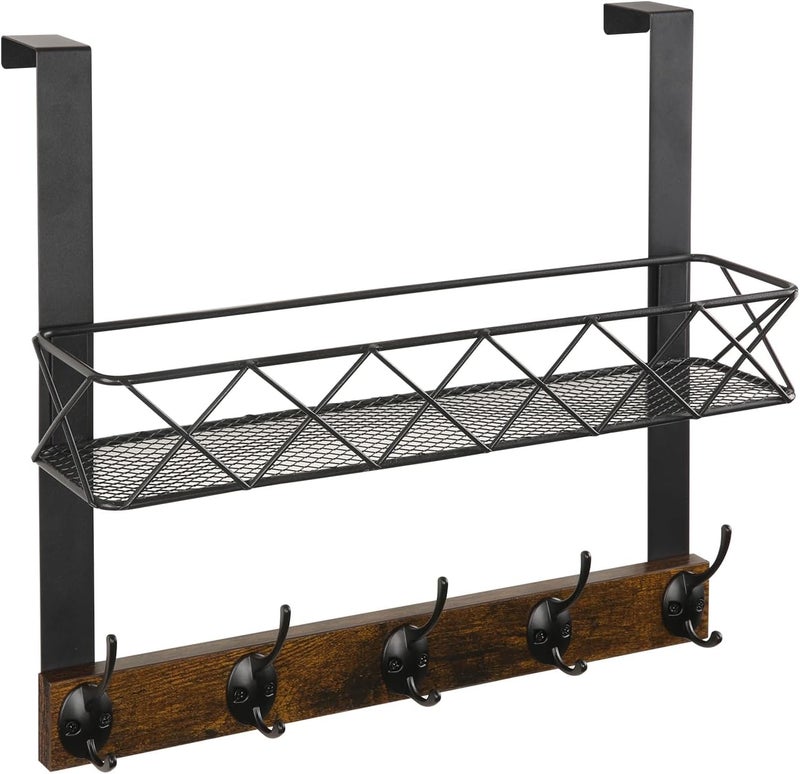 YINMIT Over The Door Hooks Organizer with Basket, Over The Door Towel Rack with 5 Metal Hooks, Door Hangers for Clothing, Over Door Hanger for Bathroom, Bedroom, Kitchen - Image 1